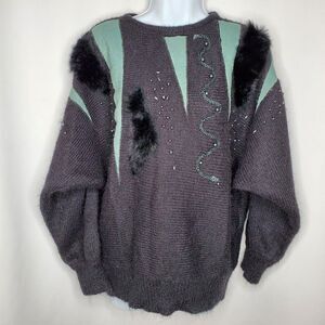 Vintage Black Acrylic Mohair Sweater Sz L 80s Abstract Rabbit Fur Faux Pearls